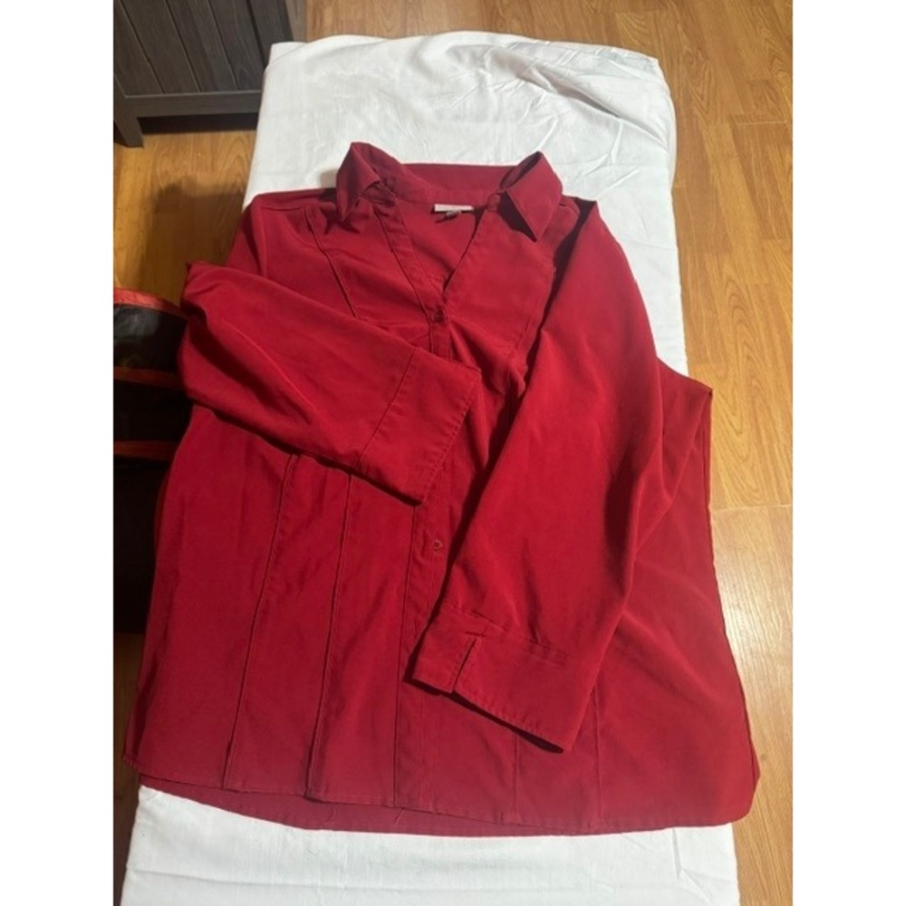 Roz & Ali Women 1X Red Button Up Blouse Long Sleeve Career Top Princess Seam